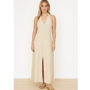 NEW Tiki Girl Size L Cindy Linen Maxi Dress Beige Halter V-Neck Front Slit